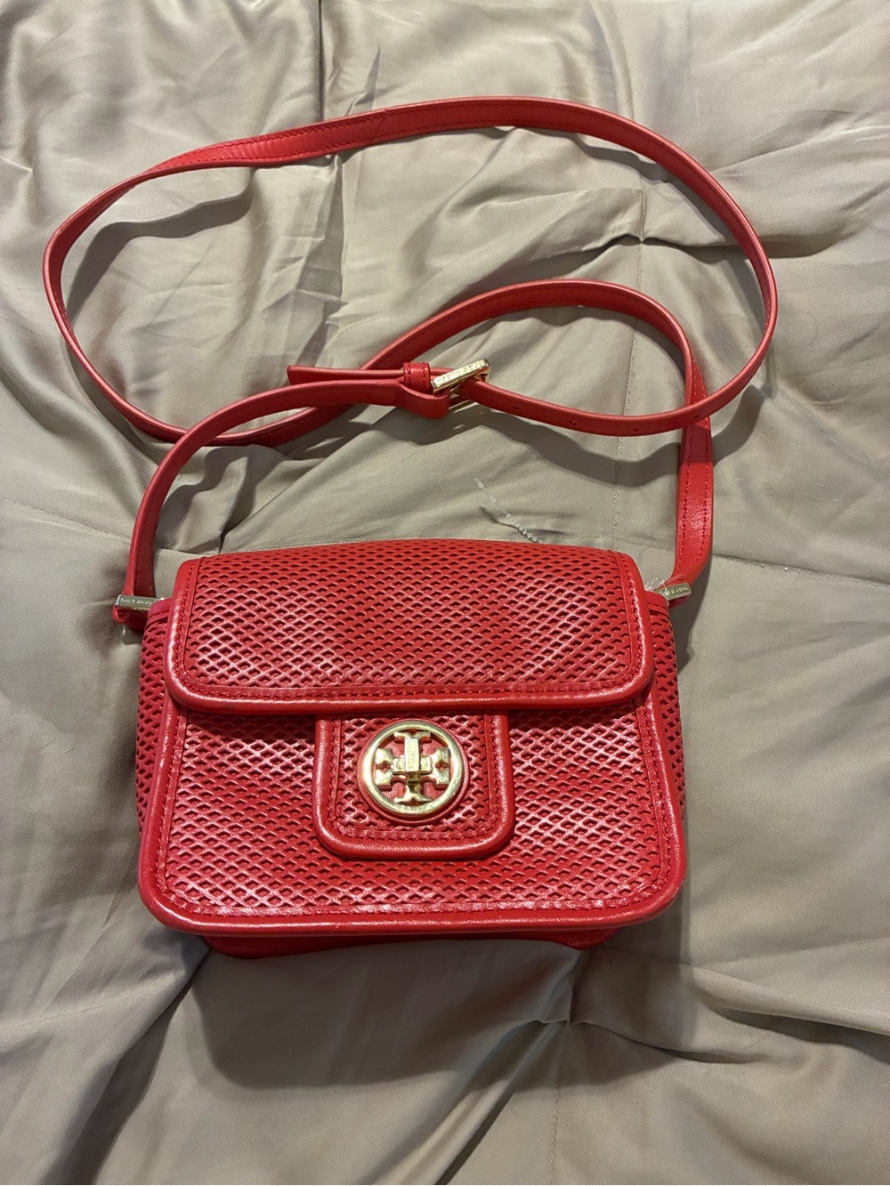 Tory Burch Red Perforated Leather Crossbody Bag